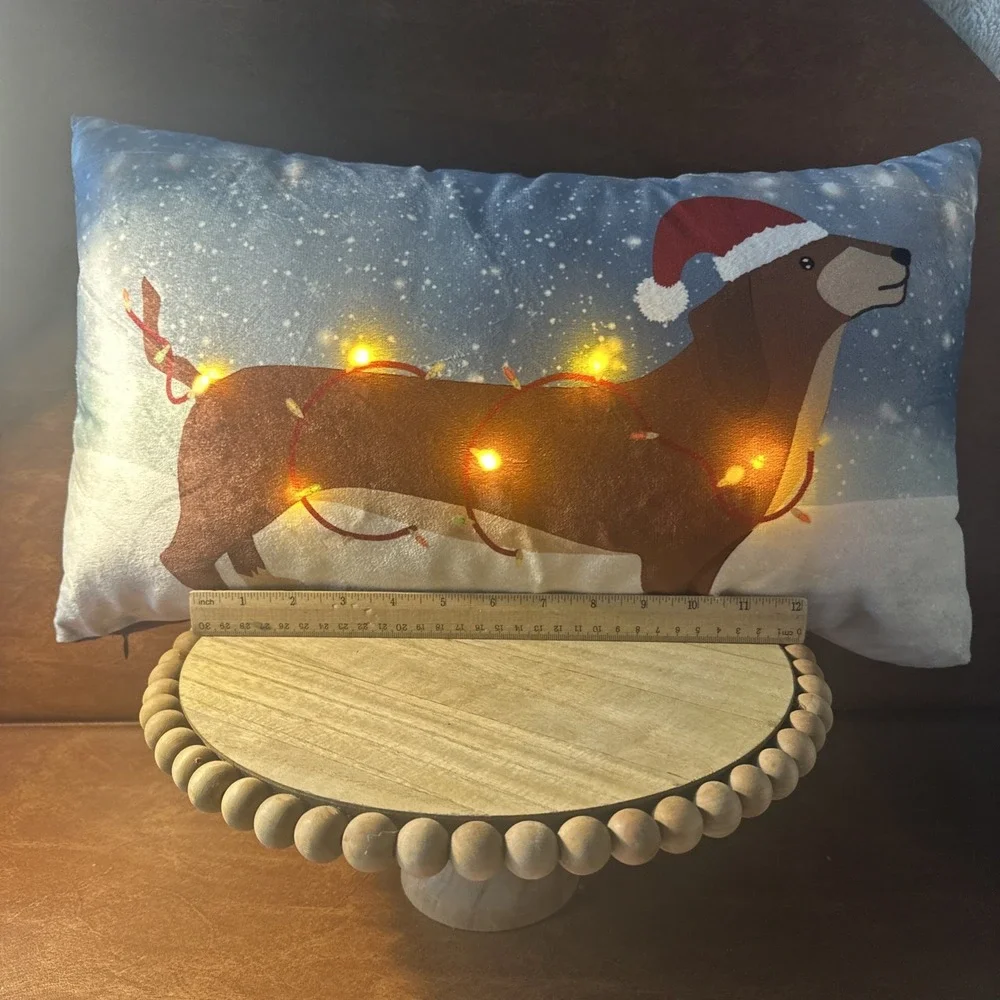 MINA VICTORY LIGHT UP Dachshund Holiday Dog Throw Pillow, Light Blue Multicolor